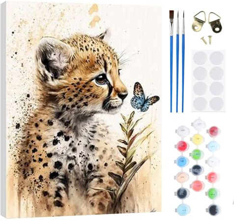RICUVED Leopardo Pintura por Números para Adultos y Niños 20x30cm -Animales Kit DIY con Marco de Madera, Pinturas al Óleo, Pinceles y Bandas Magnéticas para Decorar Tu Casa