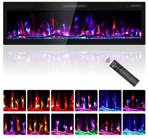 Quiniver 60 Elektrischer Kaminofen, Wandmontage/Einbau, 1500W & 750W Heizmodi, 7 Flammen- & 12 Glutfarbe, Fernbedienung & Touchscreen, 8h Timer, 40dB Leise, CE-Zertifiziert