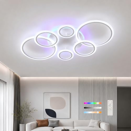 ZAITINZ LED Deckenleuchte 70W,6-Ringe Deckenlampe Weiß mit Fernbedienung | 4200lm Moderne Deckenleuchte Wohnzimmer,102*54CM,3-farbiges Hintergrundlicht,Memory Funktion,für Schlafzimmer Küche Esszimmer
