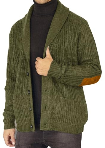 Mens Sweaters Knitted Elbow Patch Shawl Collar Cardigan Sweater Long Sleeve Button Down Knitwear with Pockets Clothes Green XL