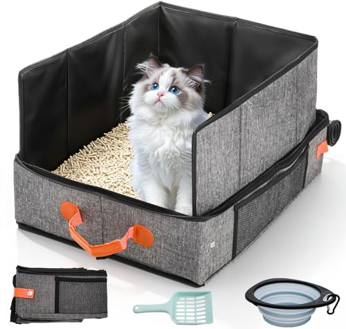 Pumtus Portable Cat Travel Litter Box, 19.7 x 15.7 x 11.8 Foldable Kitten Litter Case with Lid & Scoop & Bowl, Reusable Cats Travel Emergency Box, Leakproof No Smell Cat Essential for Car Hotel