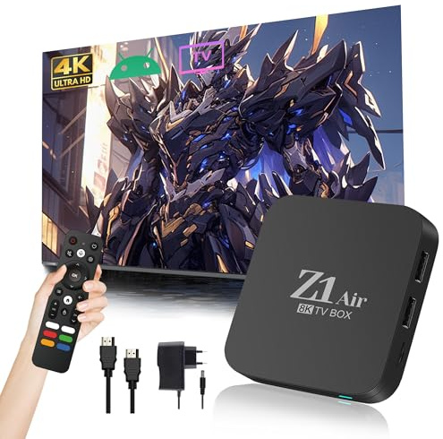 Z1 Air Boîtier TV Android 10.0, Chaînes Internet Smart Box 4K Ultra HD pour TV avec WiFi 2,4 GHz + 5 GHz, Quad-Core H313, USB 2.0, Télécommande Vocale Bluetooth, Compact et Puissant