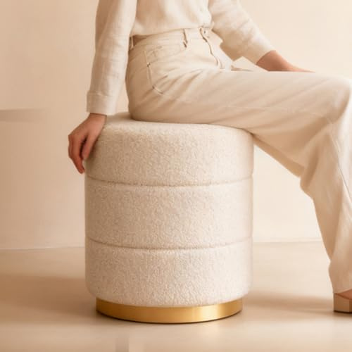 Zedelmaier runder Sitzhocker aus Teddy-Stoff, Ø 38 x 45 cm, Beige | Teddy Hocker, gepolstert, bis 150 kg; als Pouf, Ottoman, Fußhocker oder Schminkhocker für Wohnzimmer, Schlafzimmer und Flur
