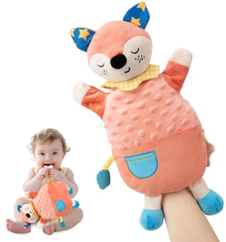 Funsland Schmusetuch Baby Fuchs 0-12 Monate, Schnuffeltuch mit Beißring und Glöckchen,Kuscheltuch Weich & Waschbar, 30 x18 cm, Kuscheltier Baby Mädchen,Babys Neugeborenen Geschenk Junge