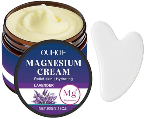 Magnesium Creme+Gua Sha Stein,Magnesium Cream Set, Beruhigt die Haut | Enthält Lavendel, Allantoin, Kokosöl, Sheabutter,60g