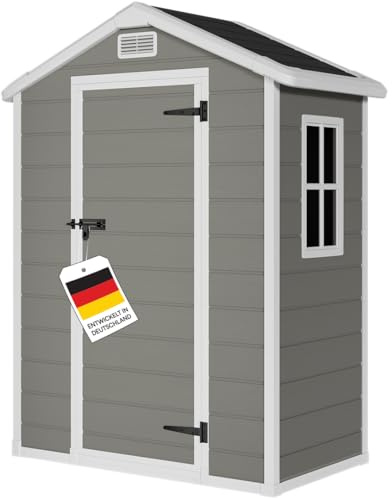STEELSØN Novara Gerätehaus 134x103 cm, Grau/Schwarz, Satteldach & Fenster | Gartenschuppen aus Kunststoff, Gartenhaus 202x103x134 cm (HxTxB), Geräteschuppen, Gartenhütte wetterfest & rostfrei, Schuppen
