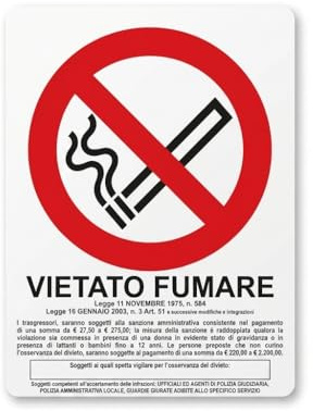 Cartello Vietato Fumare con Normativa, PVC Adesivo, 18x26 cm, per Interno ed Esterno, Resistente agli Agenti Atmosferici