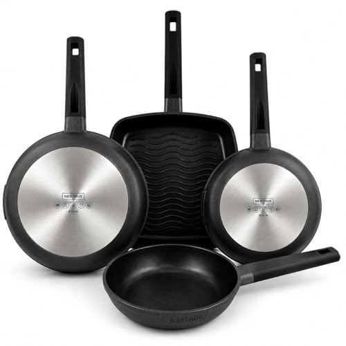 NERTHUS FIH 1686 Set Sartenes Aluminio Fundido 20 24 y 28 Cm + Grill Asador Antiadherente Quantanium Aptas Inducción Gas Vitrocerámica Mango Ergonómico Resistente Calor