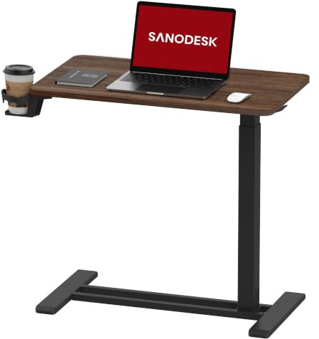 SANODESK Höhenverstellbarer Beistelltisch mit Rollen 70 × 40 cm | Mit Gasfeder und durchgehender Tischplatte, stufenlos höhenverstellbar, mobil für Bett, Sofa und Homeoffice (Braun)