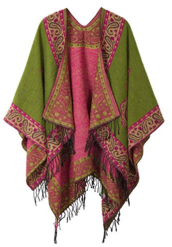 Urban CoCo Women's Fashionable Retro Style Vintage Pattern Tassel Poncho Shawl Cape (series 2-Green)