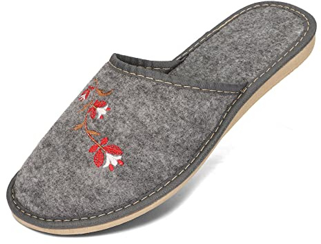 BeComfy Pantofole da Donna Pantofole in Feltro Leggero con Fiori Ricamati in Grigio 36-41 EU (Fiori Grigi, Sistema Taglie Calzature EU, Adulto, Numero, Media, 39)