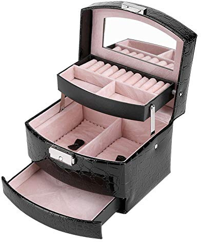 Zerodis 3 Schichten Schmuck Halskette Ring Aufbewahrungsbox Fall Veranstalter mit Moderner Schnallenverschluss Kleinen Spiegel Innerhalb Vintage Geschenk für Frauen Haus Liefert(Schwarz)