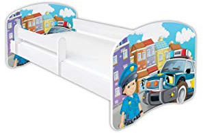 Clamaro 'Schlummerland' Kinderbett 80x180 (bis 150kg belastbar) mit Motiv, Rausfallschutz, Kantenschutz, Matratze und Lattenrost | Jugendbett Weiß | Motiv: 43 Polizei Auto