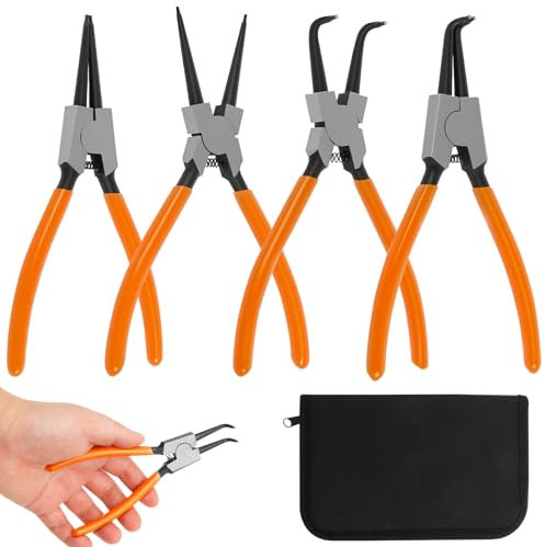 4 pinze per anelli elastici da 16/18 cm, per interni ed esterni, con molla e custodia, set di pinze per anelli di sicurezza per interni ed esterni, curve, dritte