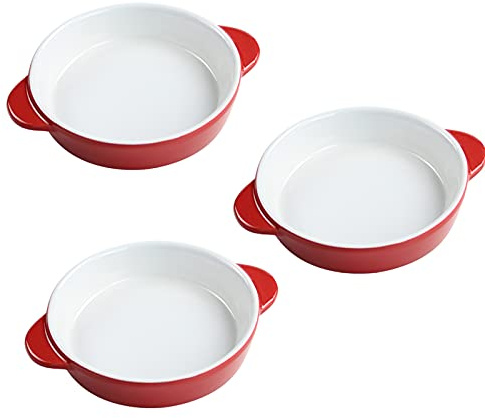 Pirofila Set di 3 Ciotole Rotonde, Teglia per Lasagne, Teglia in Porcellana per Cucina Teglie per Lasagne con Manici, Teglia Rossa