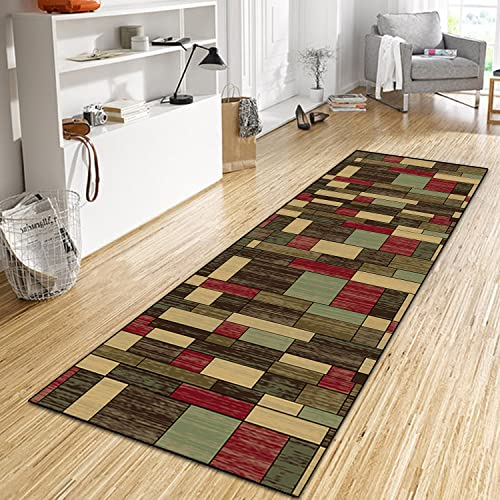 WTHYGB Teppich Läufer Flur Küche 50x200 cm, Modern rutschfest Waschbar Küchenläufer Flurläufer, Lang Polyester Plaid Muster Braun Grün Teppichläufer für Korridor Schlafzimmer, Innen Wohnzimmer