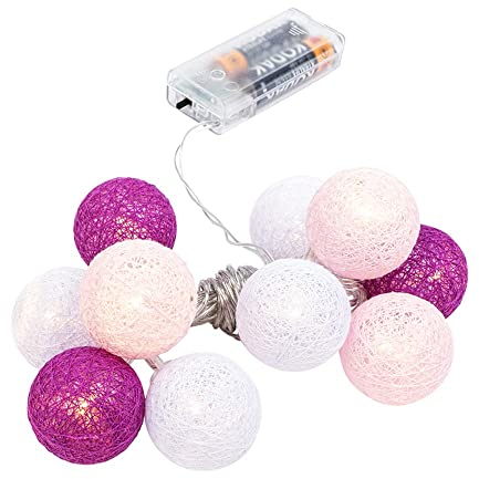 Ideen mit Herz - Guirlande lumineuse sphérique avec 10 LED - Fonctionne avec piles - 10 boules en coton en 3 couleurs - Diamètre 35 mm par boule - Avec minuterie (blanc, rose, baie)