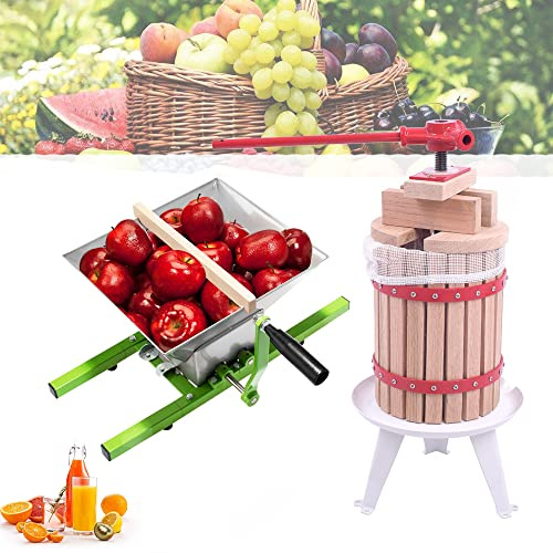 HENGMEI 6L Saftpresse Obstpresse Eiche Entsafter Weinpresse Maischepresse + 7L Obstmühle Obstzerkleinerer Fruchtpresse Maischemühle Zerkleinerer für Obst