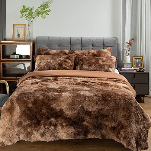 Michorinee Plüsch Bettwäsche 200x220 Winter Flauschig Warme Bettbezug Fleece Flausch Langhaar Kunstfell Tie Dye Gedruckt Taupe Plüschbettwäsche Set mit Reißverschluss - 200 x 220 cm + 2 x 80 x 80 cm