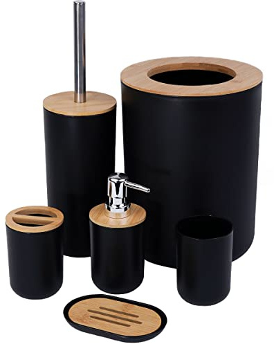 JETAINE 6 Pieces Bamboo Bathroom Accessories Modern Bathroom Accessory Set Luxury Bathroom Bin and Toilet Brush Set, Toothbrush Holder Tumbler Soap Dish Trash Can Soap Dispenser Bath Set Gift