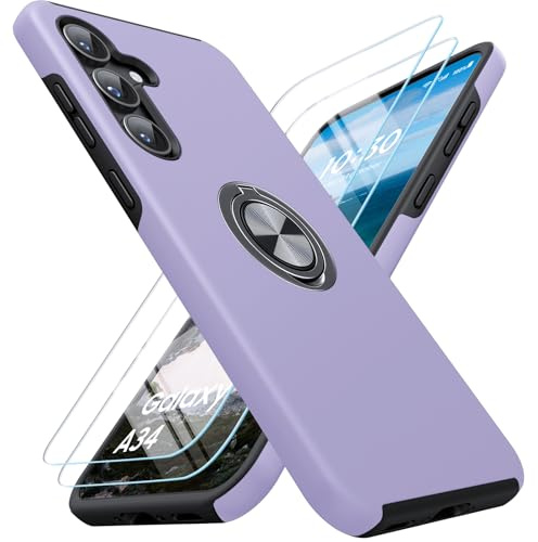 AOUIA for Samsung Galaxy A34 5g Case, Ring Stand Samsung A34 5G Phone Case | 2 Pack Tempered Glass Screen Protector, Shockproof Anti Scratch 360° Kickstand Holder Phone Cover for Samsung A34, Purple