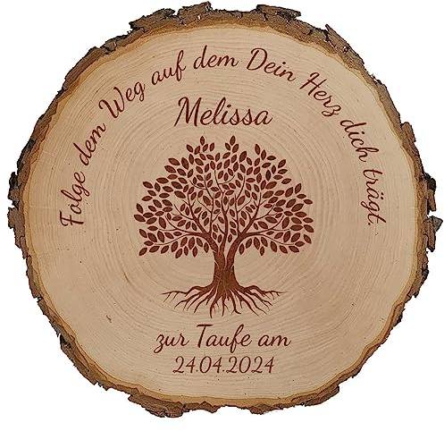 Baumscheibe zur Taufe, Konfirmation oder Kommunion mit persönlicher Gravur + Motiv & Spruch (24-27 cm Durchmesser)