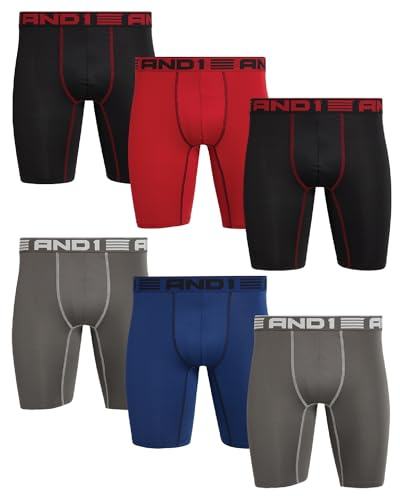 AND1 Mens Boxer Briefs - 6 Pack Platinum Performance Long Leg Boxer Briefs with Pouch - Boxers for Men, 9 Inseam (S-3XL), Size XX-Large, Black/Blue/Charcoal/Red