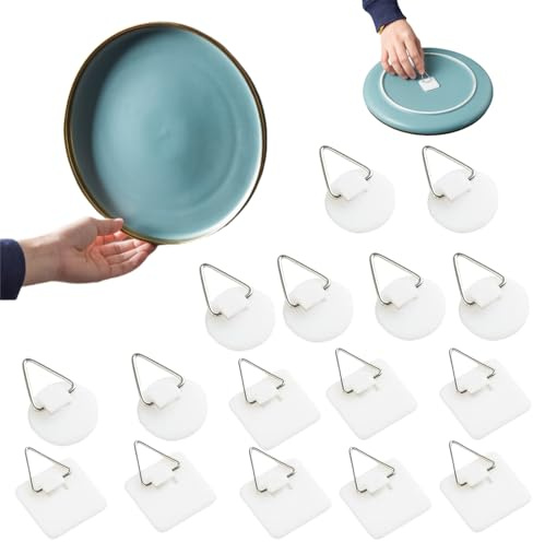 Ganchos Adhesivos para Fotos,16 Colgadores Invisibles Autoadhesivos para Platos,Colgar Cuadros Sin Hacer Agujeros,Gancho para Colgar Cuadros Sin Rastro,Soportes Verticales Plástico,Colgadores Cuadros