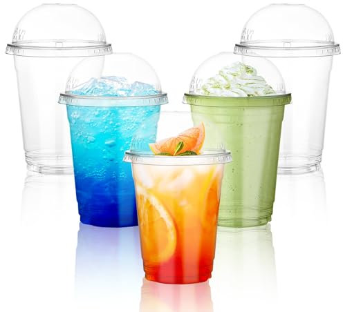 NUZEKY vaso de plástico para batidos con tapas de cúpula, paquete de 50 vasos PET transparentes de 12 onzas para batidos, café helado, fuertes y reutilizables