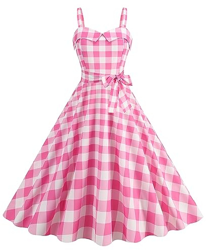 Wellwits Robe de cocktail vintage à col cœur avec bretelles en dentelle pour femme, à manches papillon, à double boutonnage, pour occasion spéciale, Plaid rose., XL