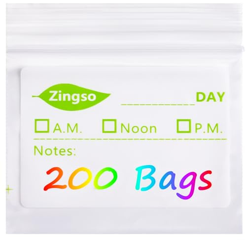 Lot de 200 sachets de pilulier portables en plastique avec étiquette écrite sur l'étiquette - Imperméable et réutilisable - Petits sacs pour pilules, suppléments vitaminés, stockage de médicaments