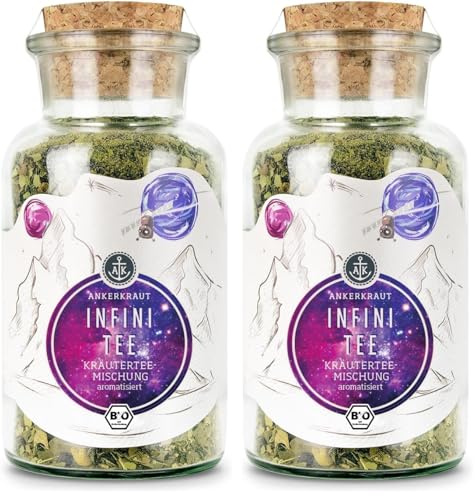Ankerkraut Infinitee, Bio-Alternative zu Kaffee, Energy-Drink und Gaming-Booster, mit Mate, Ginseng, Moringa, Guarana, loser Kräuter-Tee für etwa 8 Liter, 80g im Korkenglas (Packung mit 2)