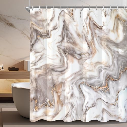 Lerores Duschvorhang 180x180cm Graugelb Marmor Beschwerter Saum Antischimmel Textil, Wasserabweisend, Waschbar Polyester Stoff Badevorhänge mit Ösen und 12 Duschvorhangringe für Badezimmer, Badewanne