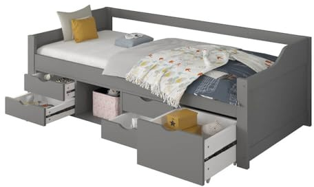 Home Deluxe Kinderbett Cosmos mit Schubladen und Matratze - 90 x 200 cm Grau