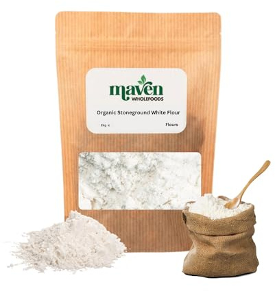 Maven Wholefoods Organic Stoneground White Flour 2kg | Unbleached & Natural | GMO Free | High Fibre & Protein | Vegan Friendly | Ideal for Bread, Cakes, Cookies & Baking | Packed in Resealable Bag
