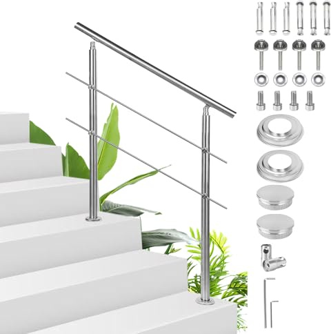 Sonnewelt Barandilla de acero inoxidable, 160cm, 2 travesaños para interior y exterior, barandilla de entrada para balcón, escalera y parapeto