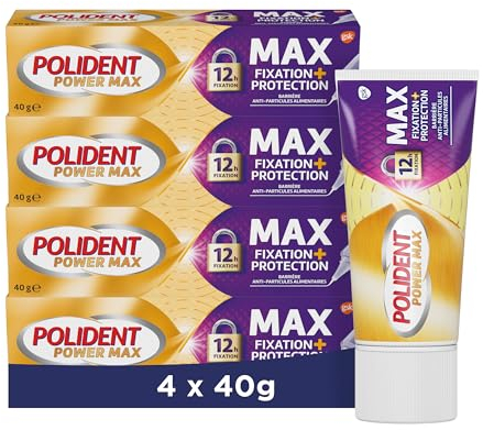 Polident Power Max Fixation + Protection Crème fixatrice Pour Prothèses Dentaires Partielles ou Complètes, Goût neutre, sans colorant artificiel, Lot de 4 x 40g