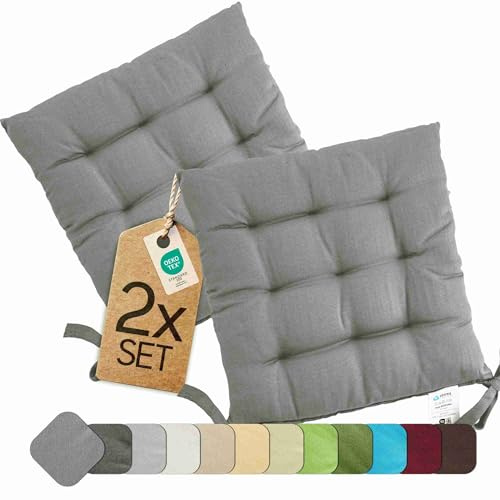 etérea Basic Sitzkissen 40x40 cm 2er Set mit Bändern Indoor Outdoor Grau | Mit Bändern · Fest gepolstert · Indoor & Outdoor · 30°C waschbar · 55% Baumwolle, 45% Polyester · OEKO-TEX Made in Green
