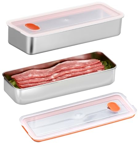 Qivine 2 Stück Aufschnittboxen für Kühlschrank, 25,6 × 10 × 4,8 cm Stapelbar Frischhaltedosen Edelstahl Aufschnittdosen mit Transparent Deckel, Lebensmittel Aufbewahrungsbox für Käse, Fleisch