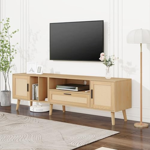 HYUB Retro TV-Schrank für unter 85-Zoll-Fernseher Geflochtener mit Rattan, TV Boardmit viel Stauraum, TV Sideboard, Fernsehschrank für Wohnzimmer, Lowboard mit Türen und 2 Schubladen, Holzfarbe