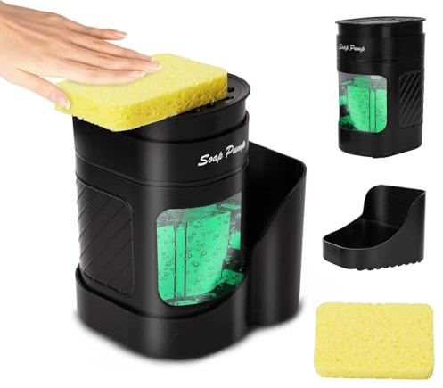 Kitchen Soap Dispenser with Sponge Holder,3-in-1 Dish Soap Dispenser Set,Equipped with Sponge, Suitable for Kitchen Sink, Black