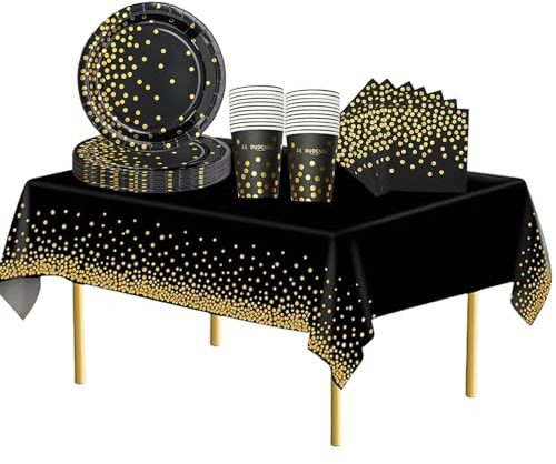 53PCS Black & Golden Dot Tableware Decorations - Disposable Party Set for Birthday & Wedding - Includes Table Cloth, Plates, Cups & Napkins