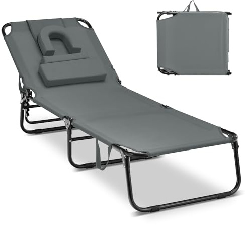 GIANTEX Lettino pieghevole per abbronzatura, con foro per il viso e cuscino estraibile, schienale e poggiapiedi regolabili, poltrona portatile per piscina e spiaggia (grigio)