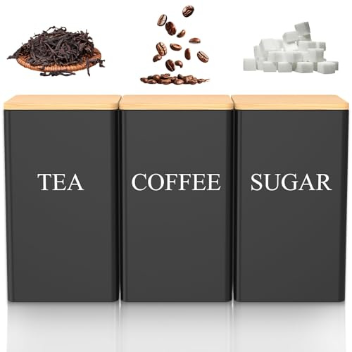3 Pcs Coffee Tea Sugar Set 1000ml Metal Square Tea Sugar and Coffee Containers Set with Airtight Bamboo Lid and Name Marker Decorative Kitchen Food Storage Tin Caddy Container Canister Jars (Black)