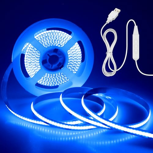 Aclorol 3M 5V USB COB LED Streifen Blaues Licht Band für Schlafzimmer | 8mm Schmal, Dimmbar mit 320 LEDs/M, Hohe Dichte, Gleichmäßige Ausleuchtung für Küchenschränken und Bürobeleuchtung, CRI85+
