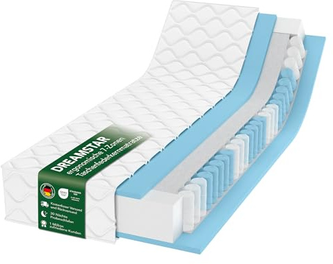 DREAMSTAR ErgoFlex Taschenfederkernmatratze 90x190cm | 22cm | H2&H3 | Ergonomische Matratze | Hypoallergen & Antibakteriell | Bezug abnehmbar & waschbar | Oeko-TEX® (90 x 190 cm, H2&H3, 22 cm)