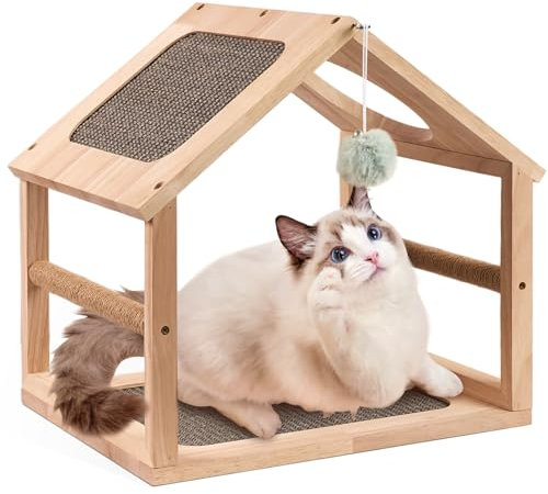 Katzenhaus Holz mit Sisal Kratzbrett, 41cm Lange, LitaiL Katzenhöhle in Hausform, Kratzbretter Katze für Sofaschutz, Kratzhaus aus Massivholz, Cat Scratcher, Grau