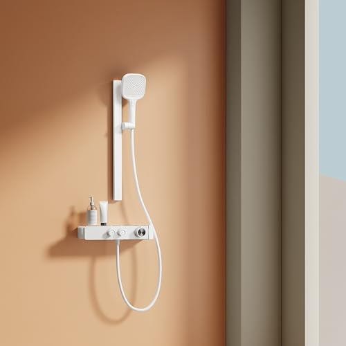 EMKE Colonne de Douche Thermostatique, Réglage du Débit d'Eau, Douche à Main 3 Fonctions, Design Modulable pour Tous les Espaces, 355x150x1150 mm,Blanc Mat, Installation Flexible