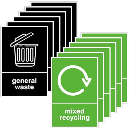 Recycling Bin Stickers Self Adhesive,Mixed Recycling andGeneral Waste Signs | Waterproof General Waste Decals for Outdoor,Food Waste Sticker,Kitchen and Office(5pcs Green,5pcs Black,150×100 mm)