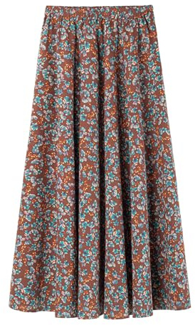 Damen Leinen Baumwolle Blumen Maxirock Tellerrock Langer Rock mit Seitentaschen Elastischer Bund Boheme Retro Rocklänge 90cm Größe 34-42